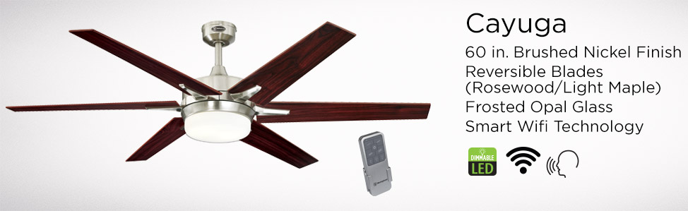 Cayuga 60 in. Brushed Nickel Finish Reversible Blades (Rosewood/Light Maple) Frosted Opal Glass Smart WiFi Technology