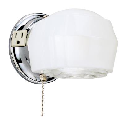One-Light Indoor Wall Fixture with Ground Convenience Outlet and Pull Chain