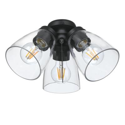Three-Light Cluster Ceiling Fan Light Kit, Indoor/Outdoor, Matte Black with Clear Glass